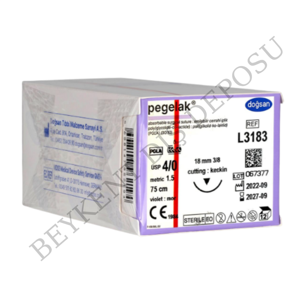 L3183 DOĞSAN Pegelak 4/0 18 3/8 Keskin (▼) 75cm PGLA Emilebilir Sütür 12 Ad./Pkt